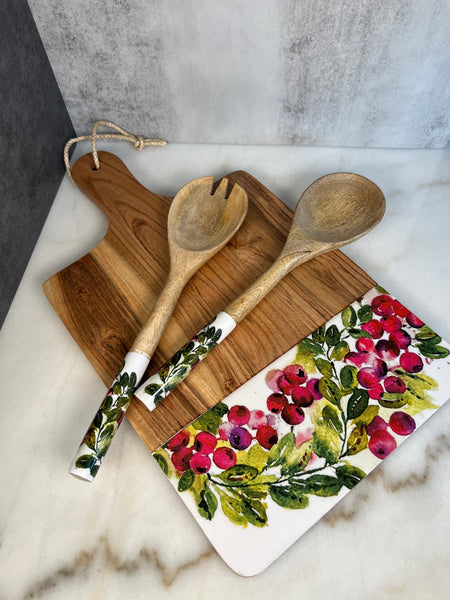 Holiday cutting board and wooden spoons set