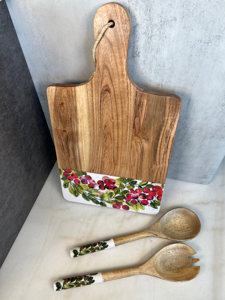 Holiday cutting board and wooden spoons set