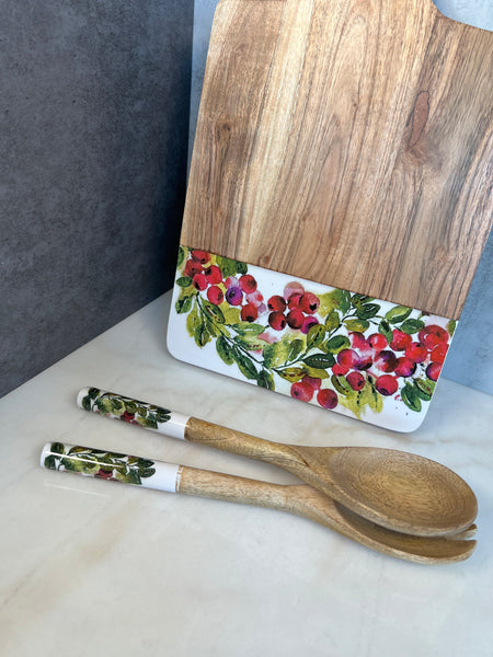 Holiday cutting board and wooden spoons set